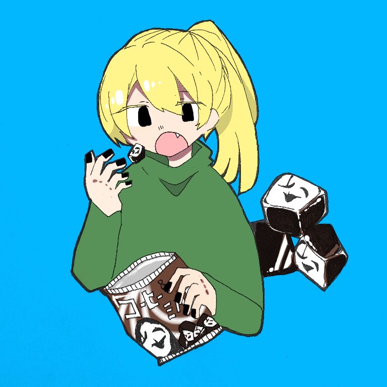 1girl, bag, bangs, black_eyes, black_nails, blonde_hair, blue_background, book