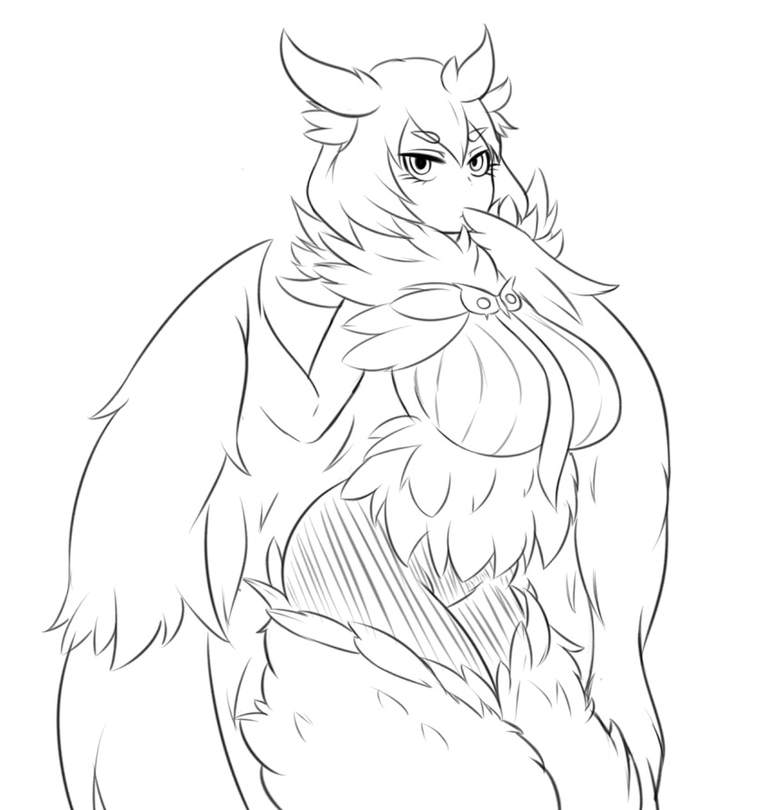 1girl, bangs, breasts, commentary, english_commentary, eyebrows_visible_through_hair, feathers, fluffy