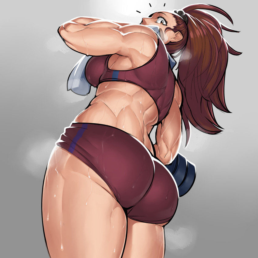 1girl, absurdres, ass, bare_shoulders, breasts, brown_eyes, brown_hair, buruma
