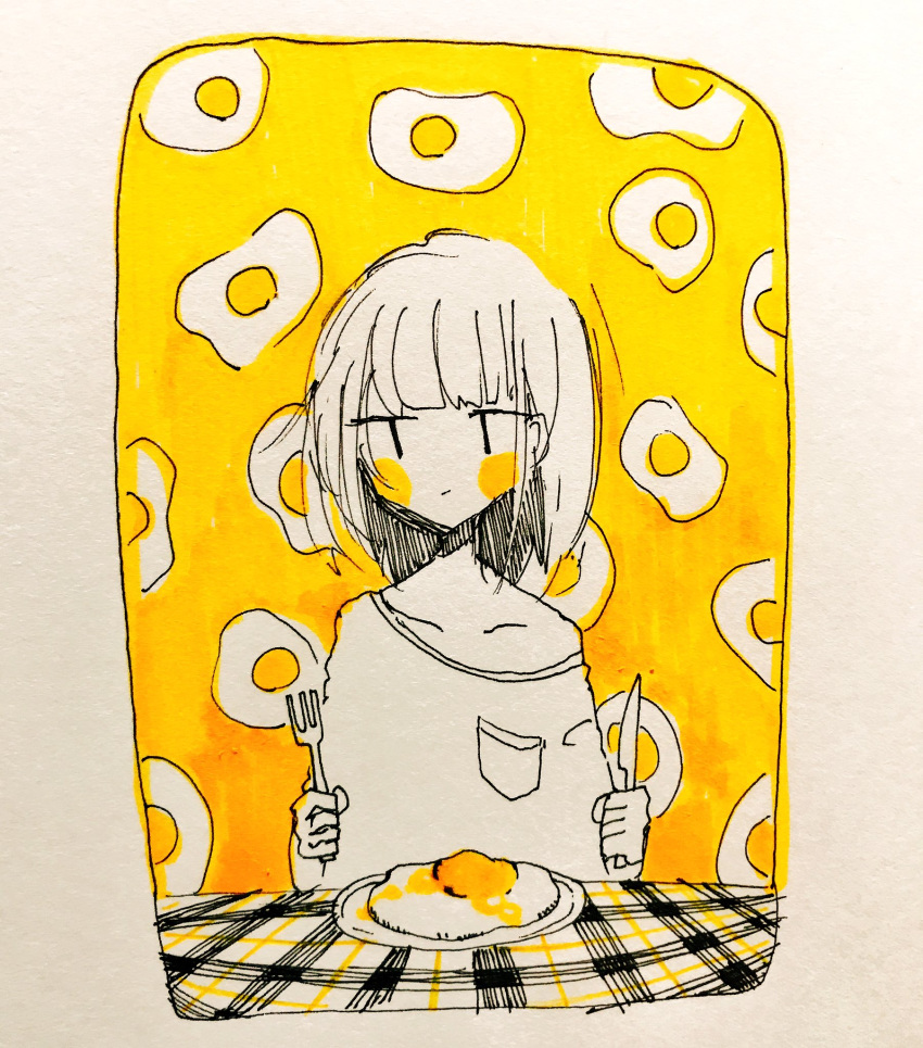 1girl, bangs, blush_stickers, checkered, clenched_hand, commentary, eguchi_saan, fork