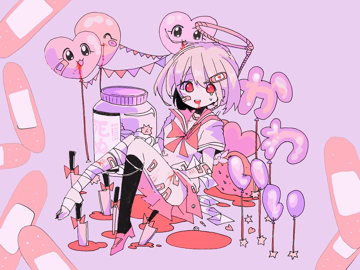 1girl, balloon, bandage, bandaged_leg, bandages, bandaid, bandaid_on_face, bandaid_on_leg