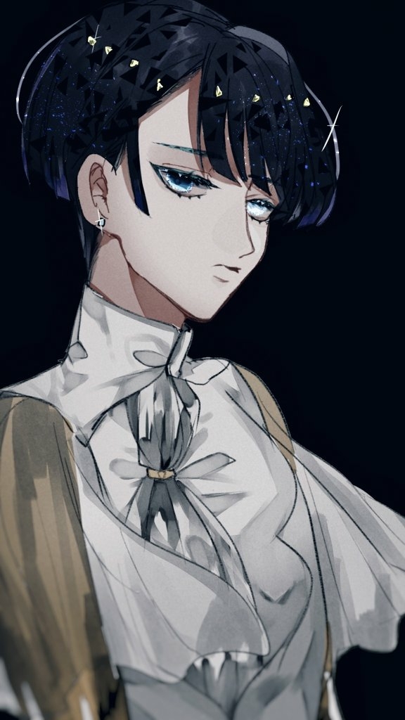 1other, androgynous, bangs, black_background, blue_eyes, blue_hair, blunt_bangs, crystal_hair
