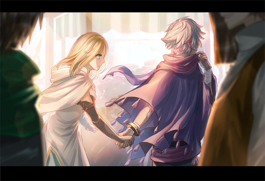 1boy, 1girl, blonde_hair, cape, dress, gloves, hair_over_one_eye, hand_holding, jewelry, long_hair, octopath_traveler, open_mouth, ophilia_(octopath_traveler), short_hair, simple_background, smile, therion_(octopath_traveler), white_hair, yuzuponza