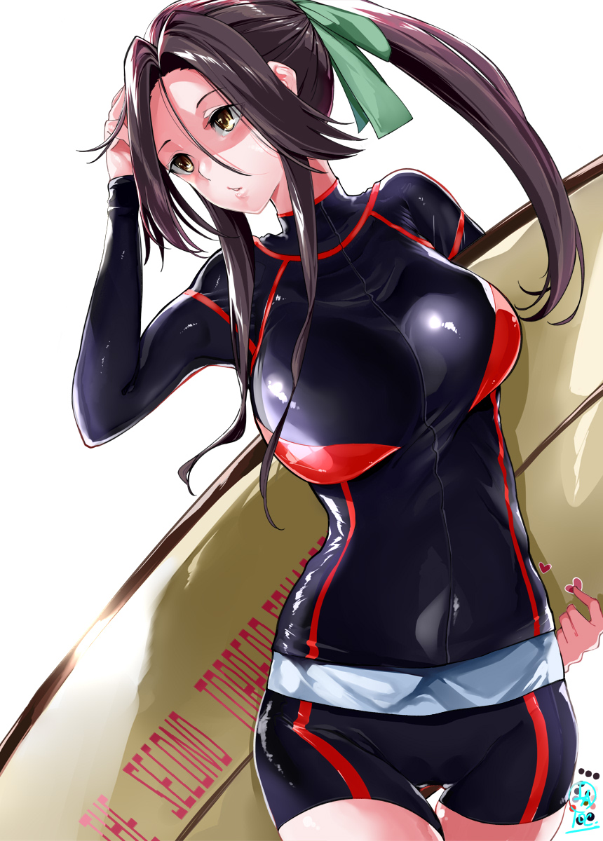 1girl, alternate_costume, bangs, breasts, brown_eyes, brown_hair, cowboy_shot, green_ribbon, hair_intakes, hair_ribbon, hand_on_own_head, head_tilt, heart, highres, holding_surfboard, iapoc, jintsuu_(kantai_collection), kantai_collection, large_breasts, long_hair, looking_away, mid-stride, parted_bangs, parted_lips, ponytail, rash_guard, rash_pants, remodel_(kantai_collection), ribbon, shaded_face, sidelocks, signature, simple_background, skin_tight, surfboard, walking, white_background