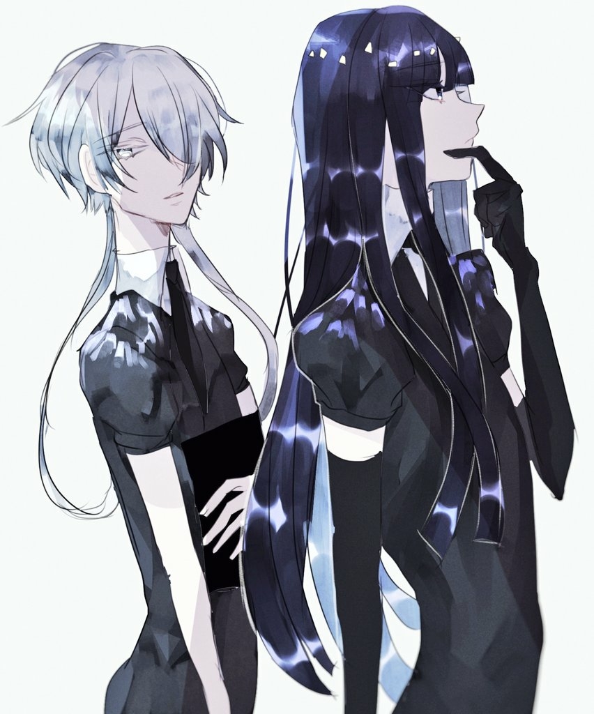 2others, androgynous, blue_eyes, blue_hair, elbow_gloves, gem_uniform_(houseki_no_kuni), ghost_quartz_(houseki_no_kuni), gloves