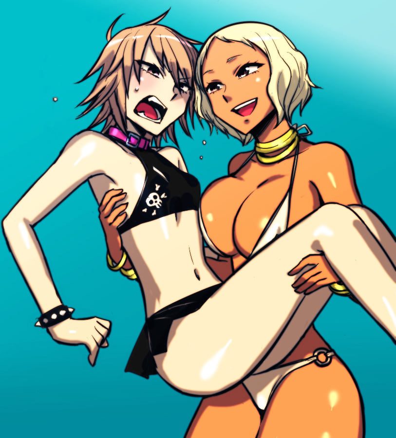 bad_id, bikini, blonde_hair, breasts, brown_hair, carry, carrying, cleavage