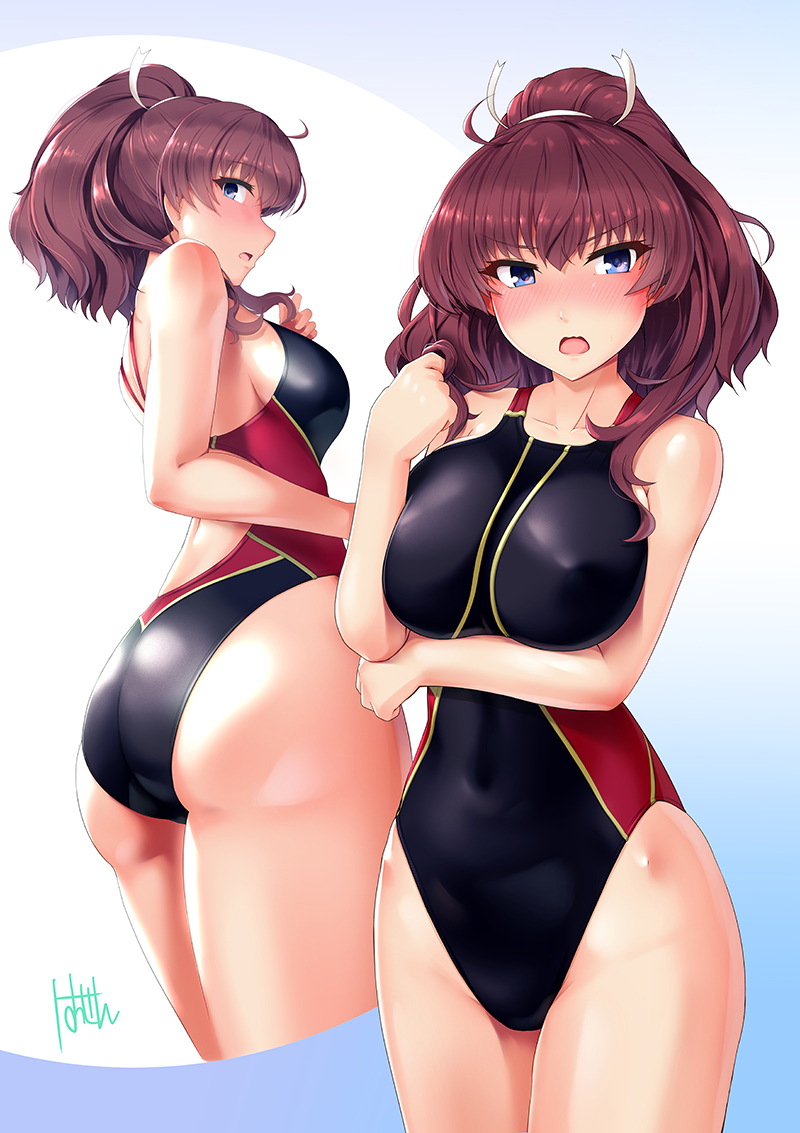 1girl, 8000, ass, black_swimsuit, blue_eyes, blush, brown_hair, commentary_request