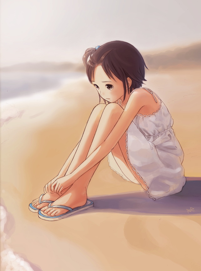 beach, brown_eyes, brown_hair, child, feet, hands_on_feet, knee_hug, kokudou_juunigou