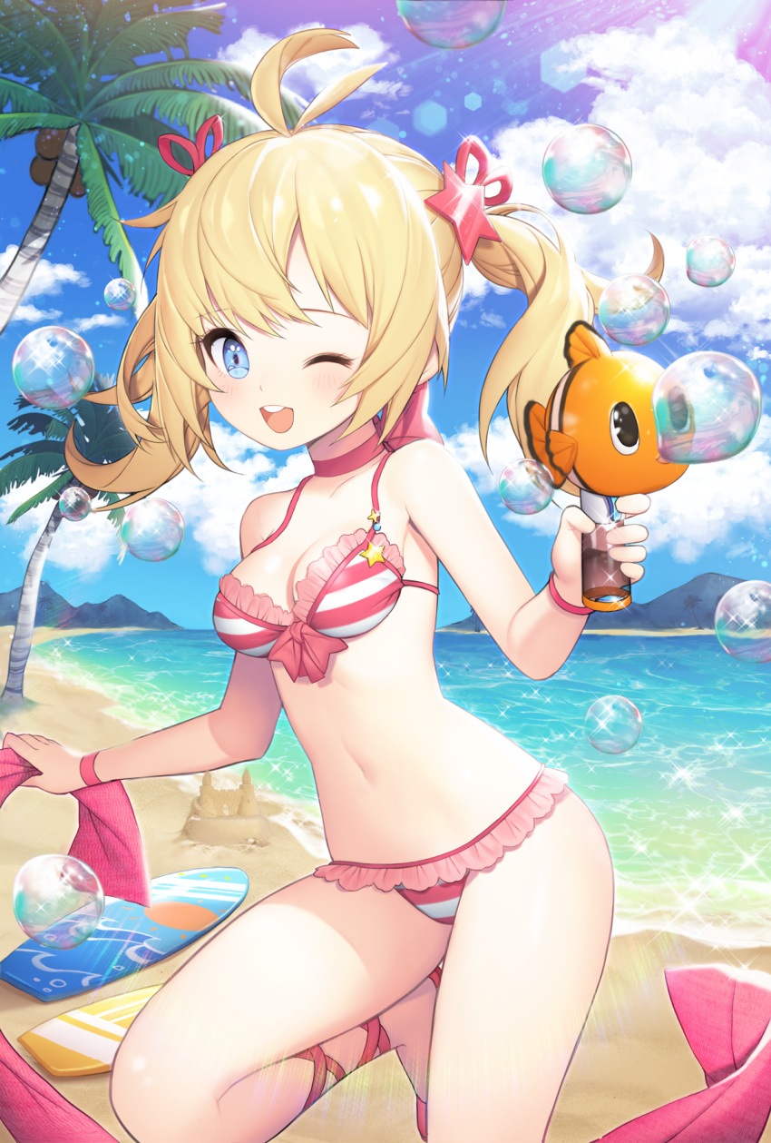 1girl, ;d, antenna_hair, bangs, bare_shoulders, beach, bikini, blonde_hair