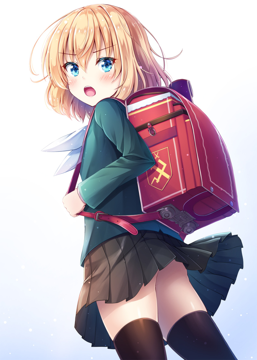 1girl, :o, akashio_(loli_ace), ass, backpack, bag, bangs, black_legwear