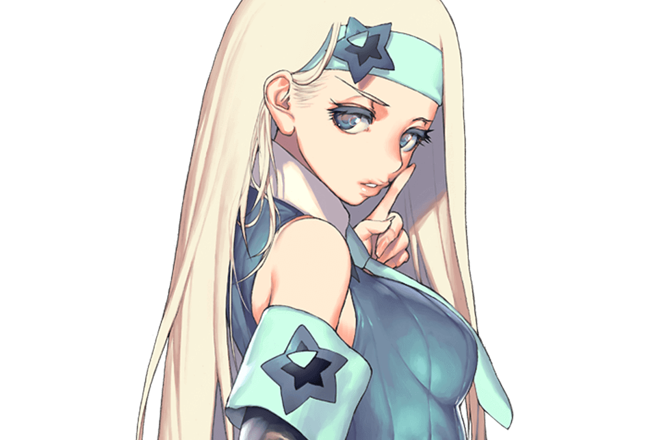 1girl, armband, blonde_hair, blue_eyes, blue_headband, blue_neckwear, breasts, character_request