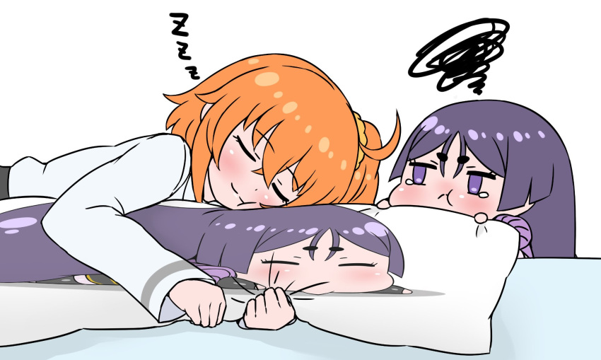 2girls, :t, ahoge, blush, chibi, closed_eyes, closed_mouth, commentary_request