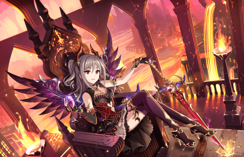 1girl, asymmetrical_gloves, breasts, building, chains, cleavage, cup, drinking_glass, eyeball, fire, gloves, grey_hair, highres, horns, idolmaster, idolmaster_cinderella_girls, idolmaster_cinderella_girls_starlight_stage, kanzaki_ranko, long_hair, molten_rock, official_art, red_eyes, skirt, smug, sparkle, sword, thigh-highs, throne, twintails, underworld, weapon, wine_glass, wings
