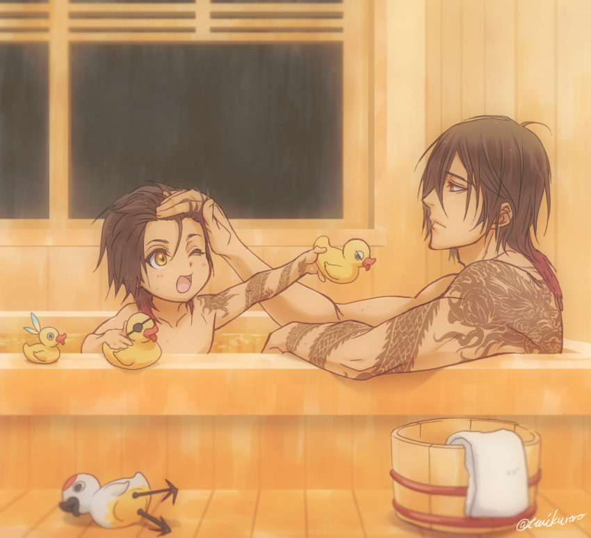 2boys, applemac, basin, bathing, bathtub, bird, blush, brown_hair