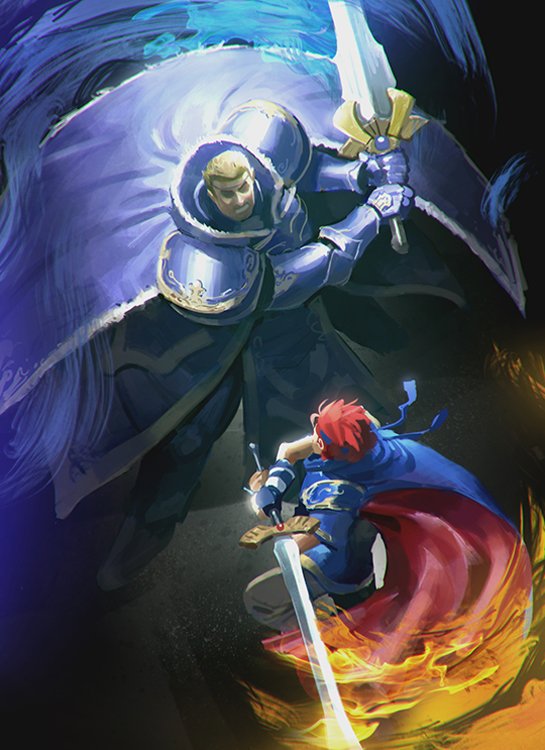 2boys, armor, aura, battle, blonde_hair, blue_cape, blue_fire, cape, clenched_teeth, fighting, fire, fire_emblem, fire_emblem:_fuuin_no_tsurugi, from_above, gauntlets, glowing, glowing_weapon, greatsword, headband, high_collar, illustman_(u_ip8s), looking_at_another, multiple_boys, nintendo, redhead, roy_(fire_emblem), short_hair, shoulder_armor, sword, teeth, weapon, zephiel