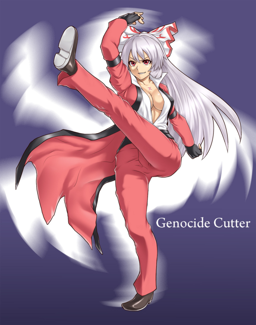 breasts, cosplay, fujiwara_no_mokou, genocide_cutter, high_kick, highres, hou_takashi_ji, houtengeki