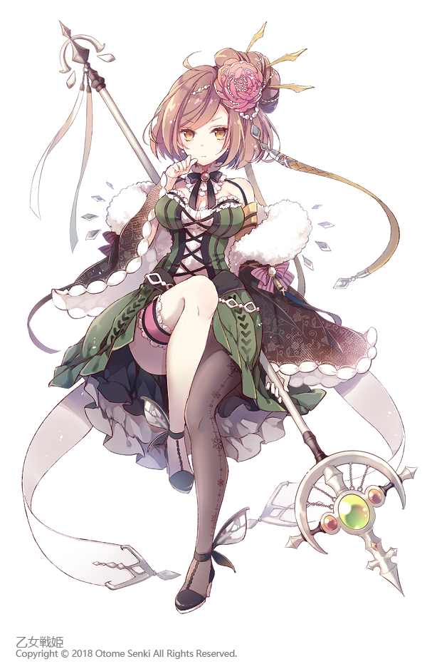 1girl, bow, breasts, brown_eyes, brown_hair, cleavage, copyright_name, flower