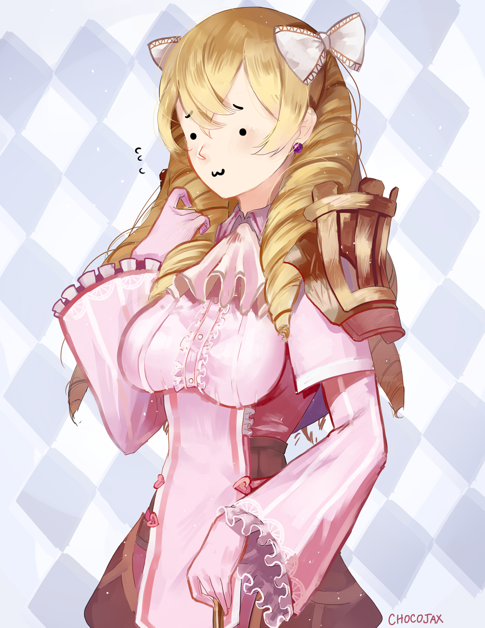 1girl, :3, ascot, blonde_hair, blush, bow, breasts, center_frills