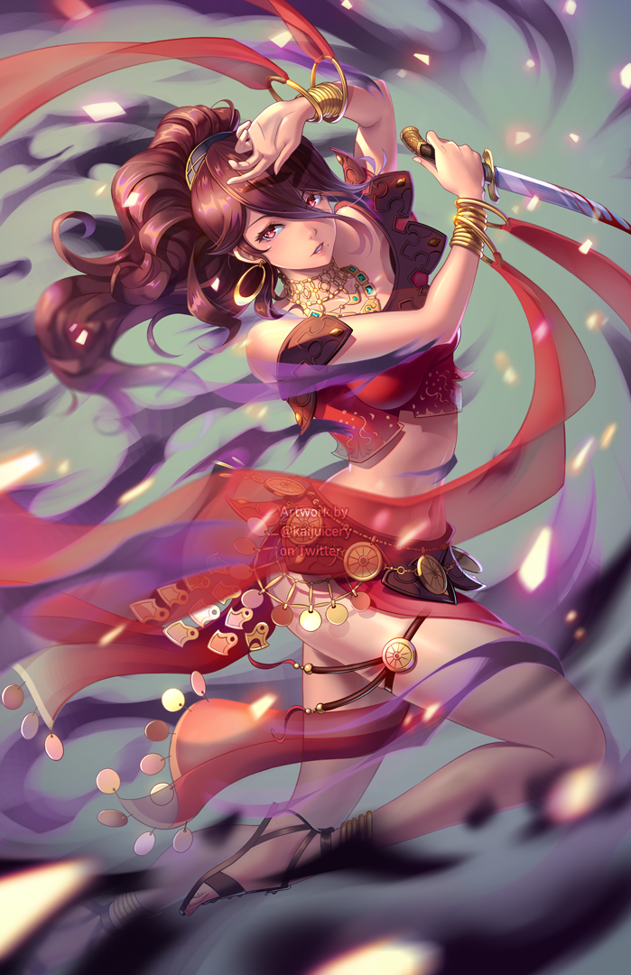 1girl, arm_over_head, bare_shoulders, bracelet, brown_hair, commentary, crop_top, cross-laced_footwear, dagger, dancer, dancing, dress, earrings, english_commentary, hair_between_eyes, high_ponytail, holding, holding_dagger, holding_weapon, jewelry, kaijuicery, legs, long_hair, looking_at_viewer, midriff, navel, necklace, octopath_traveler, parted_lips, ponytail, primrose_azelhart, red_eyes, red_skirt, sandals, skirt, solo, sword, thigh_strap, thighs, waist, weapon, wristband