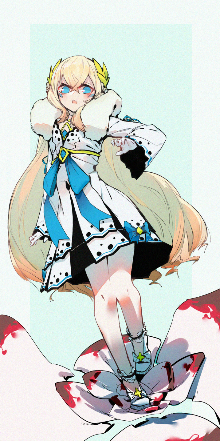 1girl, blonde_hair, blue_eyes, blush, elsword, eve_(elsword), facial_mark, fluffy, gloves, hair_ornament, highres, long_hair, long_sleeves, ribbon, simple_background, white_footwear, white_gloves, zhang492382336