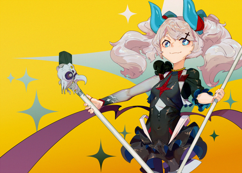 1girl, chiliarch_(elsword), demon_girl, demon_horns, elsword, eyebrows_visible_through_hair, fang, holding