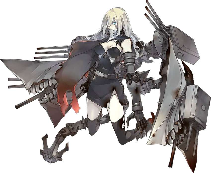 1girl, anchor, cape, claws, european_water_hime, fangs, gauntlets, green_eyes