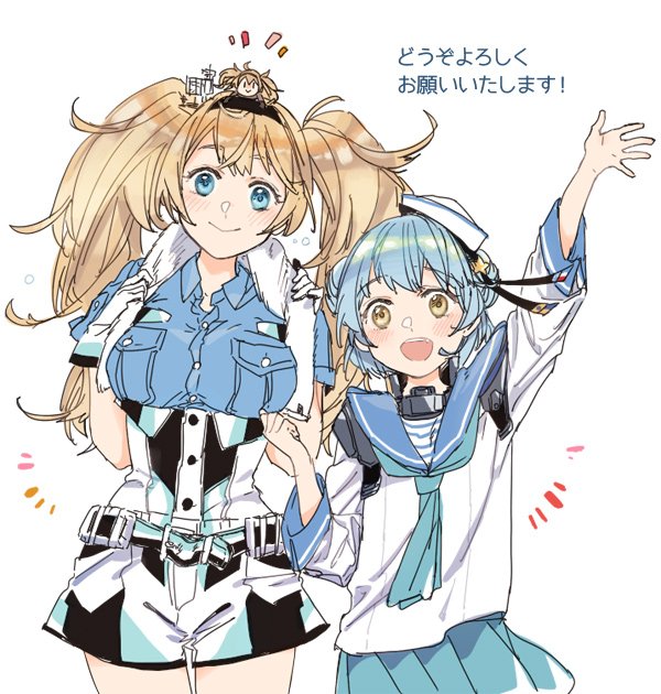 2girls, aqua_neckwear, aqua_skirt, belt, black_ribbon, blonde_hair, blue_eyes, blue_hair, blue_sailor_collar, blue_shirt, breast_pocket, breasts, buttons, collared_shirt, commentary_request, crying, crying_with_eyes_open, dixie_cup_hat, double_bun, gambier_bay_(kantai_collection), gloves, hair_between_eyes, hairband, hat, hat_ribbon, kantai_collection, large_breasts, long_sleeves, military_hat, miniskirt, multicolored, multicolored_clothes, multicolored_gloves, multiple_girls, navy_cross, neckerchief, open_mouth, pleated_skirt, pocket, ribbon, sailor_collar, samuel_b._roberts_(kantai_collection), school_uniform, serafuku, shirt, short_hair, short_sleeves, shorts, skirt, sorobo, tears, translated, twintails, white_hat, yellow_eyes