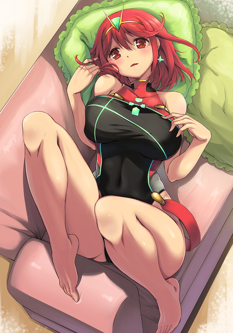 1girl, barefoot, breasts, competition_swimsuit, earrings, feet, from_above, pyra_(xenoblade)