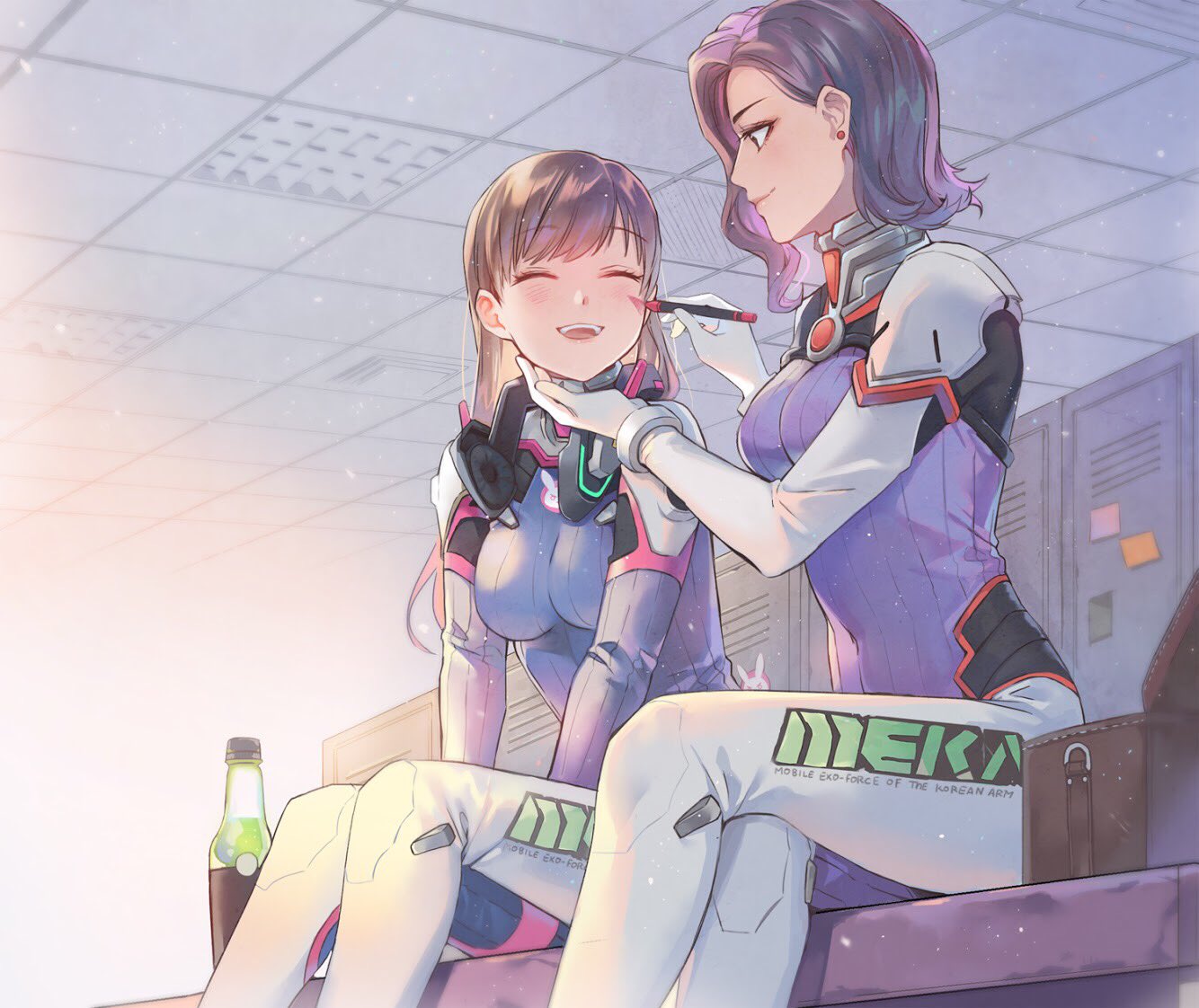 2girls, applying_makeup, artist_request, bench, brown_hair, closed_eyes, commentary, d.mon_(overwatch), d.va_(overwatch), earrings, eyebrows_visible_through_hair, facepaint, happy, headphones, jewelry, locker, locker_room, makeup, marker, meka_(overwatch), multiple_girls, overwatch, plugsuit, purple_hair, smile, soda, soda_bottle, touching_another's_chin