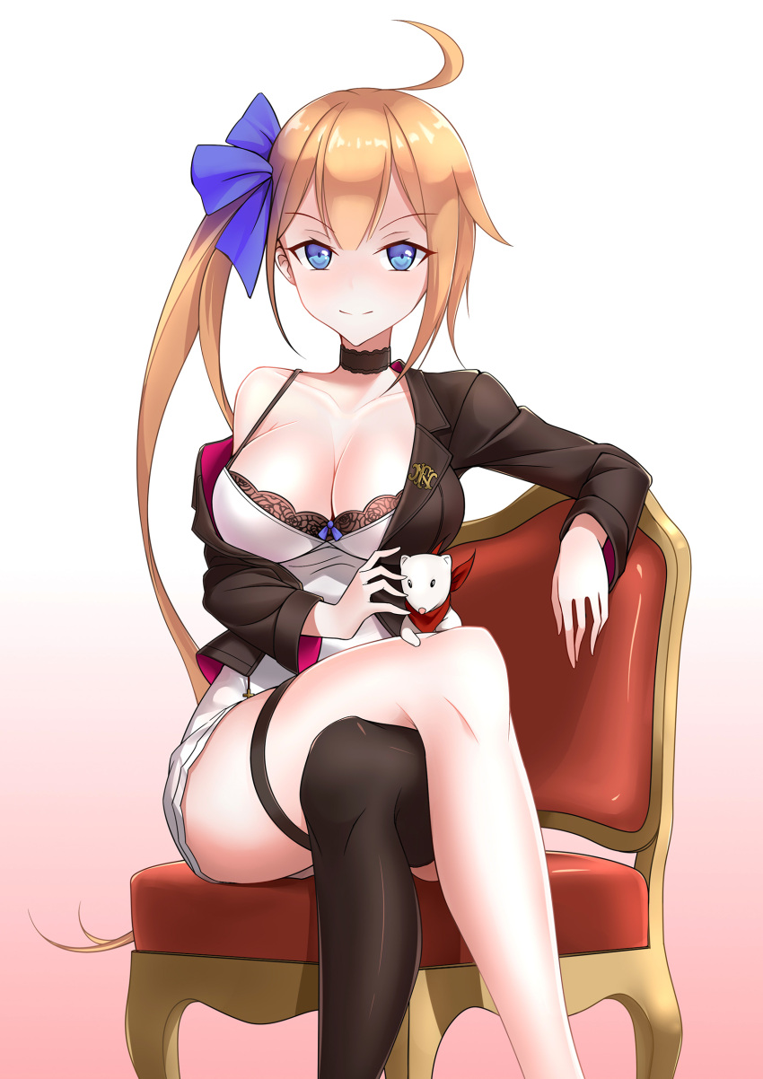 1girl, absurdres, ahoge, animal, black_choker, black_jacket, black_legwear, blue_eyes