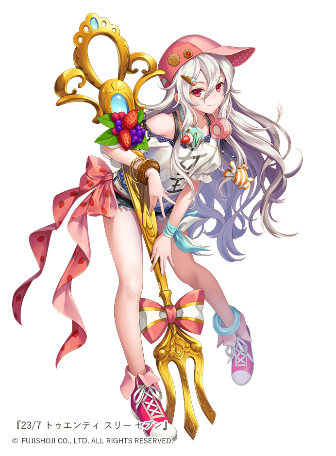 1girl, 23/7, anklet, bangle, bow, bracelet, cookie, cupcake, denim, denim_shorts, food, food_print, food_themed_clothes, fork, fruit, full_body, grapes, hair_ornament, hat, hat_ornament, headphones, headphones_around_neck, ice_cream_cone_charm, jewelry, leaning_forward, long_hair, looking_at_viewer, ne-on, official_art, pink_bow, pink_eyes, pink_hat, polearm, shoes, short_shorts, shorts, sneakers, solo, standing, strawberry, strawberry_print, trident, very_long_hair, weapon, white_hair, wrapped_candy