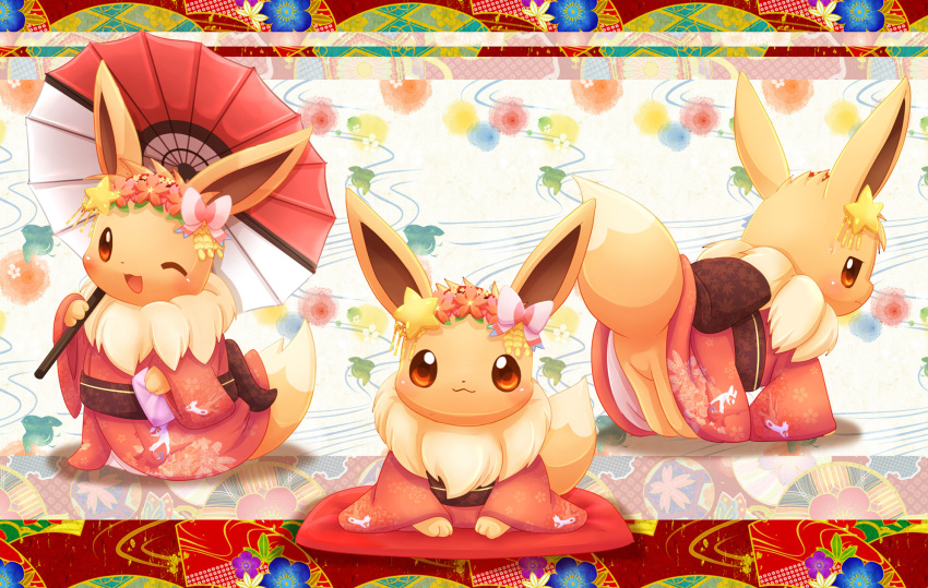 :3, ;d, bow, brown_eyes, creatures_(company), eevee, game_freak, gen_1_pokemon