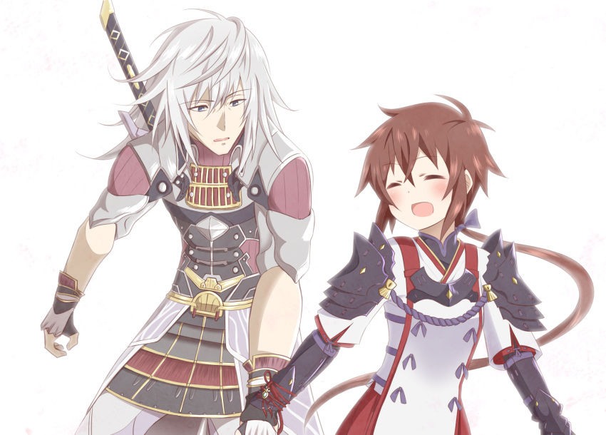 1boy, 1girl, armor, blue_eyes, blush, closed_eyes, gloves, hand_holding