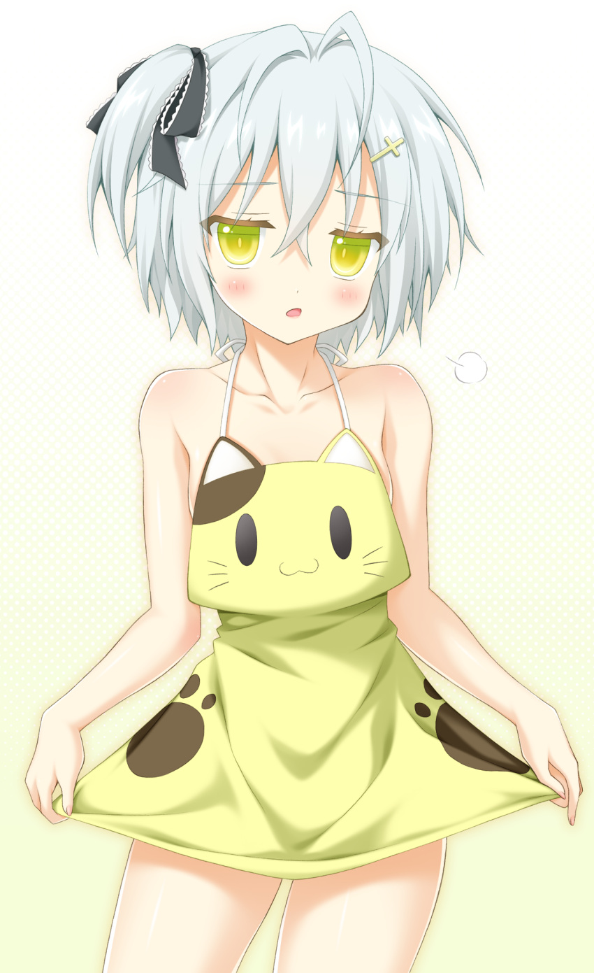 1girl, apron, astralair_no_shiroki_towa, bangs, bare_arms, bare_shoulders, black_bow, bow