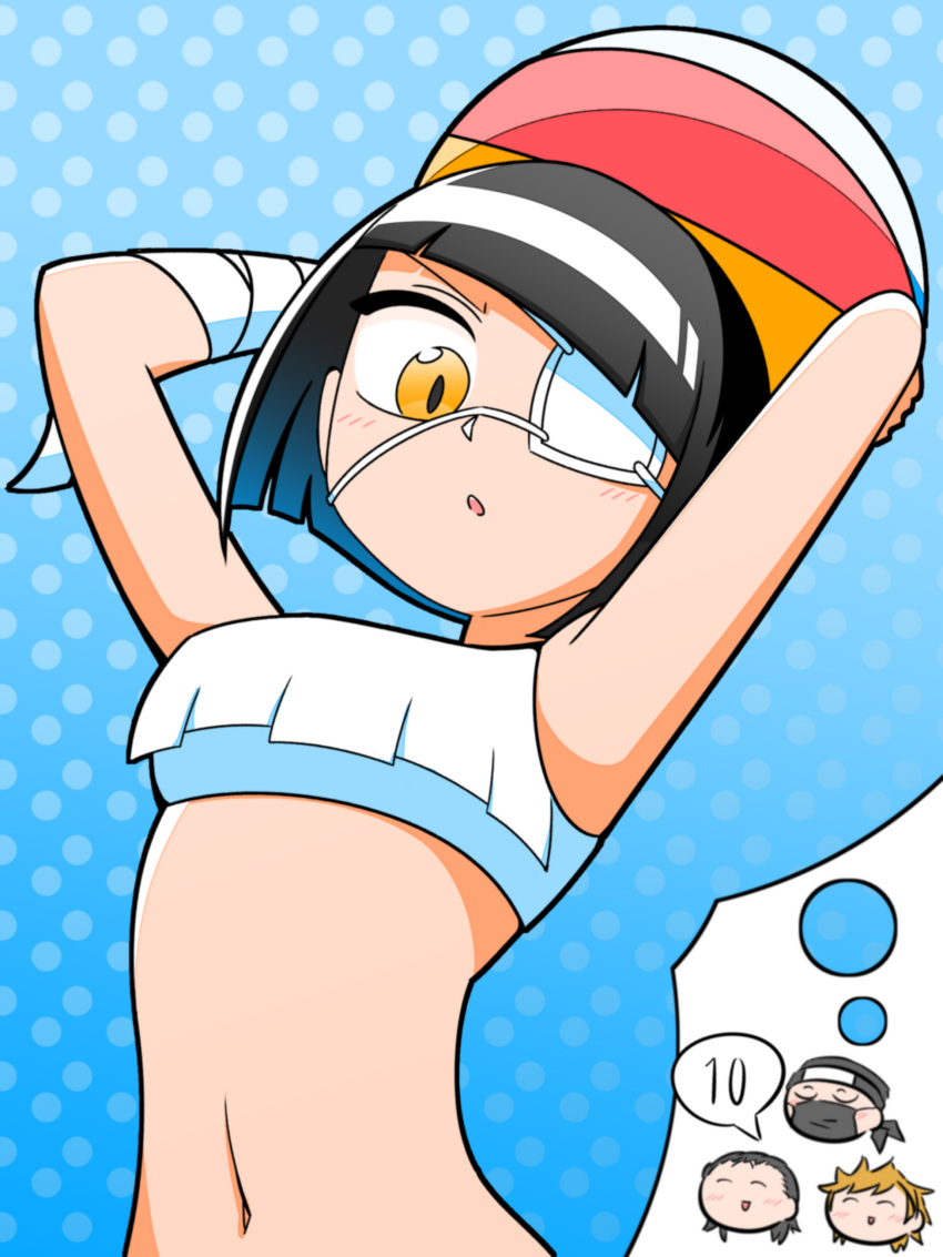 1girl, 3boys, absurdres, ball, bandage, bandaged_arm, bandages, beachball