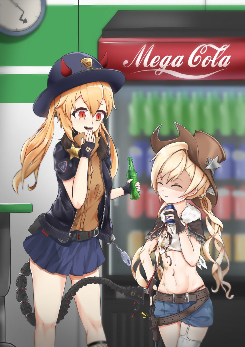 2girls, absurdres, belt, blonde_hair, blurry, blurry_background, can, closed_eyes, colt_m1873_(girls_frontline), cowboy_hat, drawing_gun, girls_frontline, hat, height_difference, highres, holster, jacket, m870_(girls_frontline), mechanical_tail, midriff, multiple_girls, navel, pepsi, shaded_face, sheriff_badge, smug, soda_can, soft_drink, tail, twintails