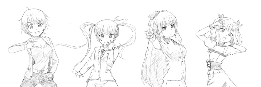 >:), >:d, >:|, 4girls, :d, bangs, bow, breasts