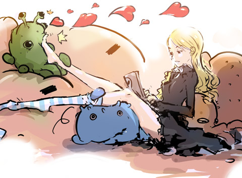 black_dress, blonde_hair, dan_kim, dress, feet, heart, kneehighs, long_hair