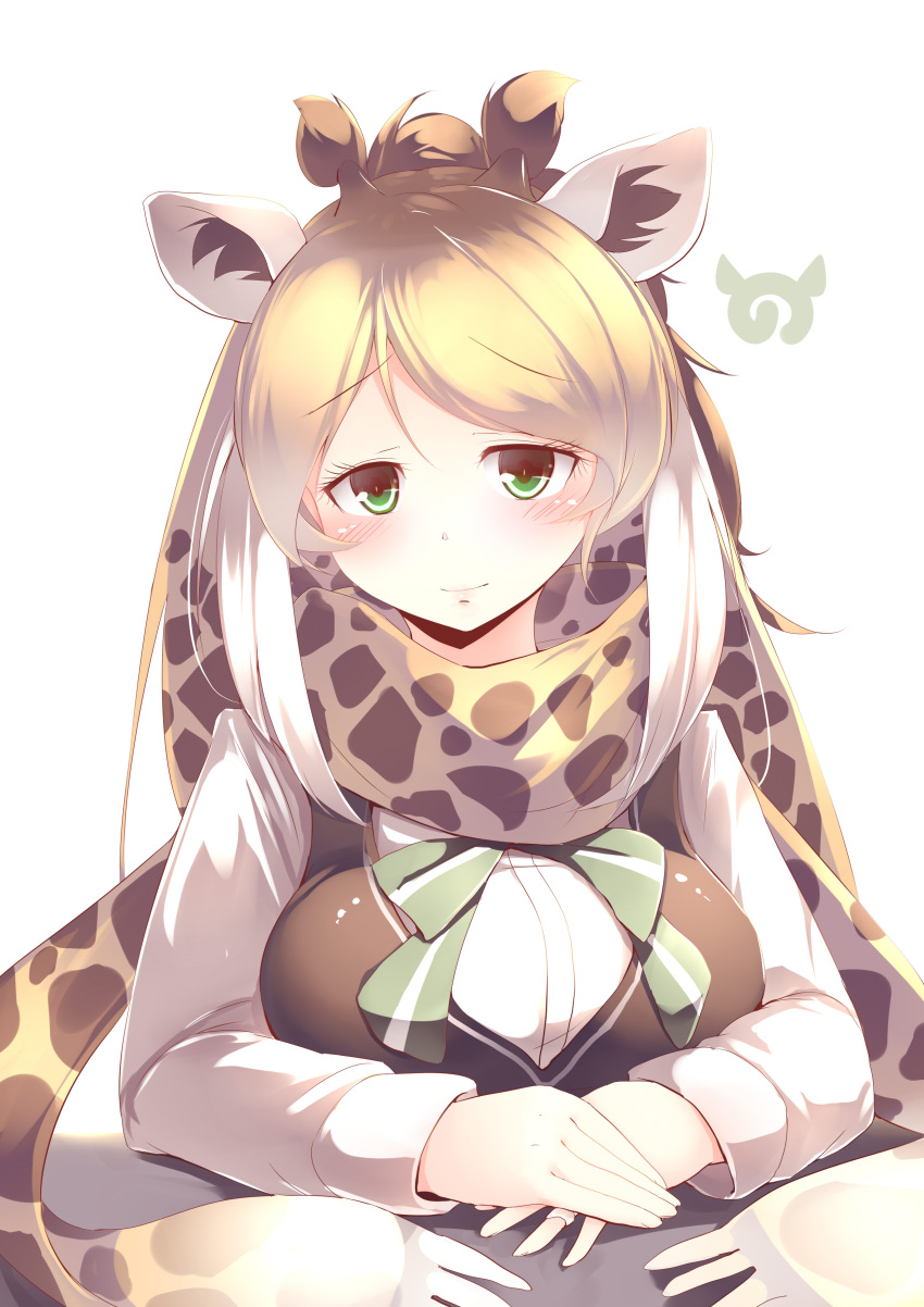 1girl, absurdres, animal_ears, blonde_hair, blush, brown_hair, cape_giraffe_(kemono_friends), commentary_request
