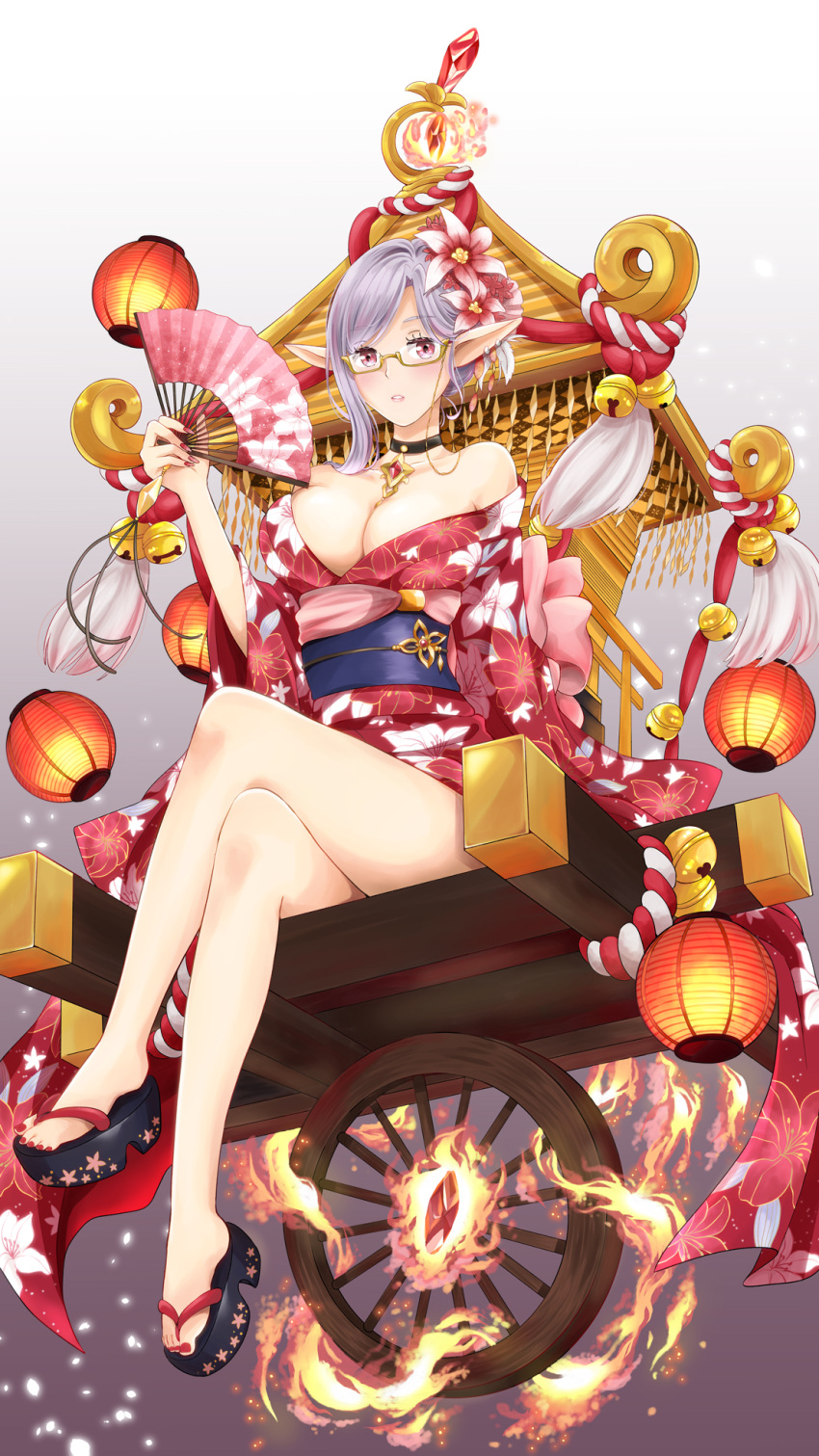 1girl, bare_shoulders, black_choker, breasts, check_copyright, choker, cleavage, earrings, eldis_(teria_saga), elf, fan, fire, floral_print, flower, folding_fan, fuurinrin5, gem, glasses, grey_background, hair_flower, hair_ornament, hand_up, highres, japanese_clothes, jewelry, jinge_bell, kimono, large_breasts, legs_crossed, looking_at_viewer, nail_polish, paper_fan, parted_lips, pointy_ears, red_kimono, red_nails, silver_hair, sitting, solo, teria_saga, toenail_polish, wagon