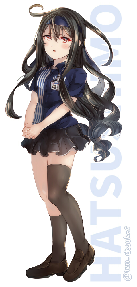 1girl, asymmetrical_legwear, black_footwear, black_hair, black_legwear, black_skirt, blue_shirt, character_name
