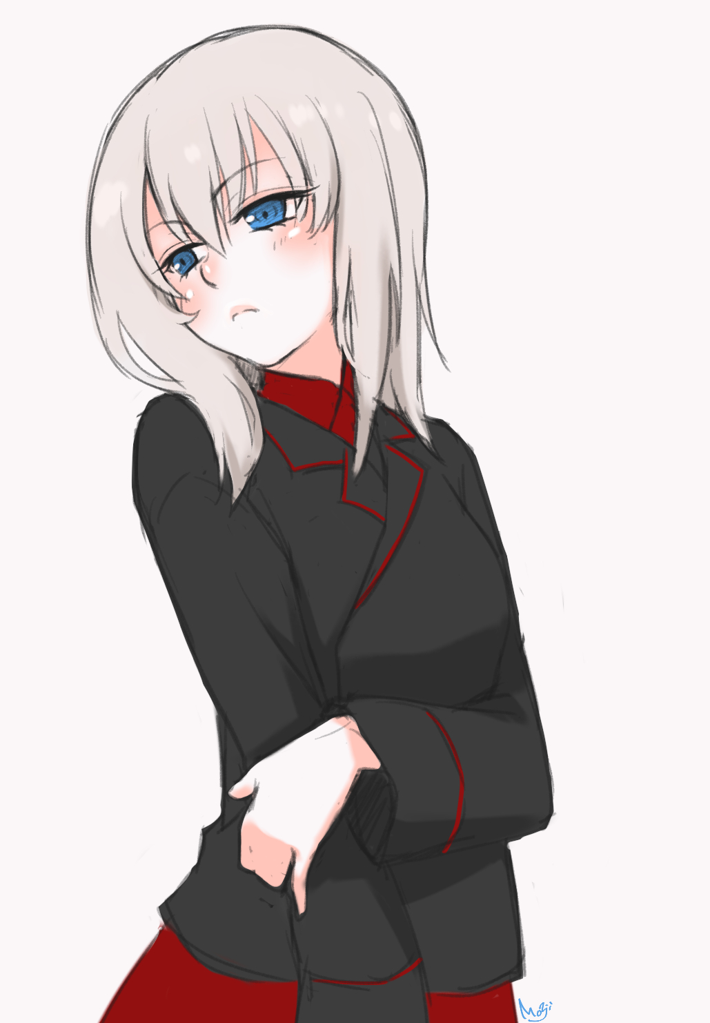 1girl, arm_grab, artist_name, bangs, black_jacket, blue_eyes, blush, closed_mouth