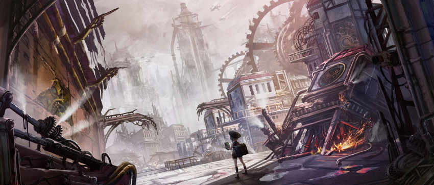 1other, ambiguous_gender, backpack, bag, black_hat, brown_hair, clouds, cloudy_sky