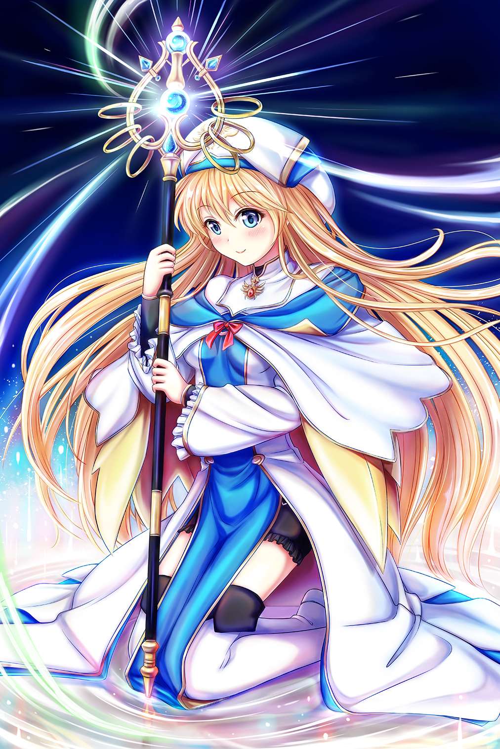 1girl, blonde_hair, blue_background, blue_eyes, blush, boots, breasts, goblin_slayer!