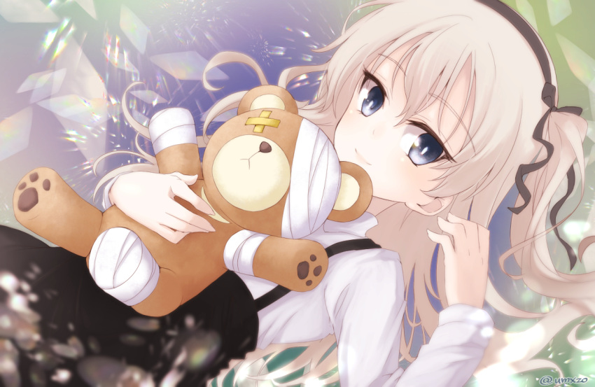 1girl, alternate_eye_color, bandage, bangs, black_eyes, black_ribbon, black_skirt, boko_(girls_und_panzer)