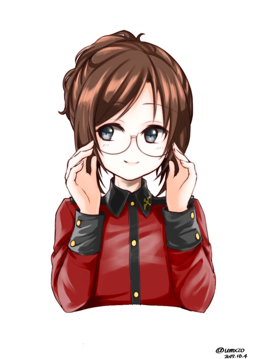 1girl, adjusting_eyewear, blue_eyes, braid, brown_hair, closed_mouth, commentary, cropped_torso