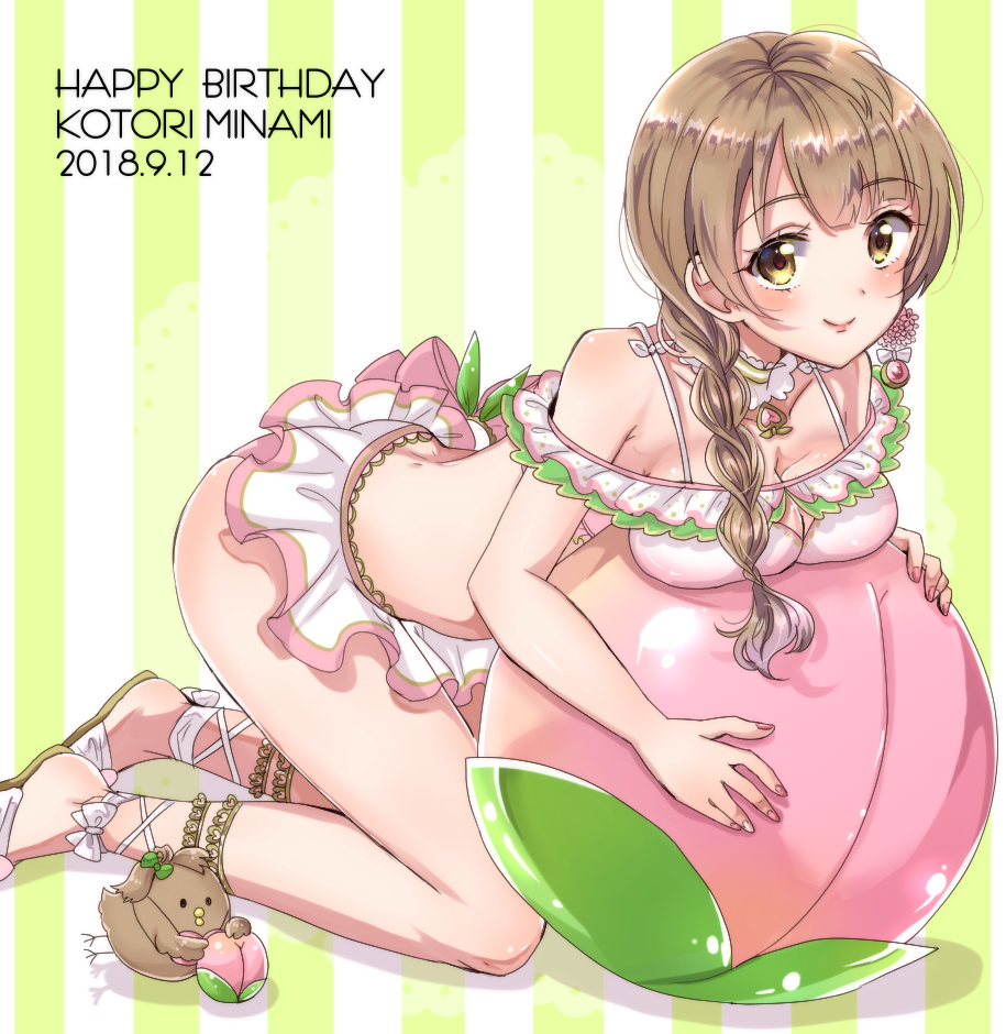 1girl, alternate_hairstyle, animal, ball, bangs, bikini, bikini_skirt, bird