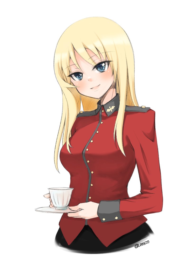 1girl, bangs, black_skirt, blonde_hair, blue_eyes, closed_mouth, commentary, cropped_torso