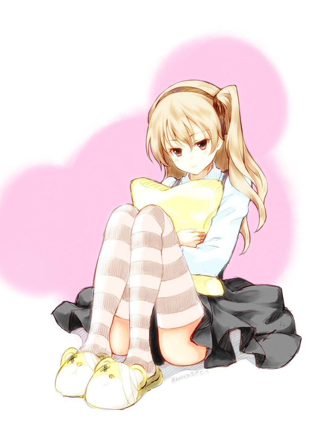 1girl, bangs, bear_slippers, black_legwear, black_neckwear, black_ribbon, black_skirt, boko_(girls_und_panzer)