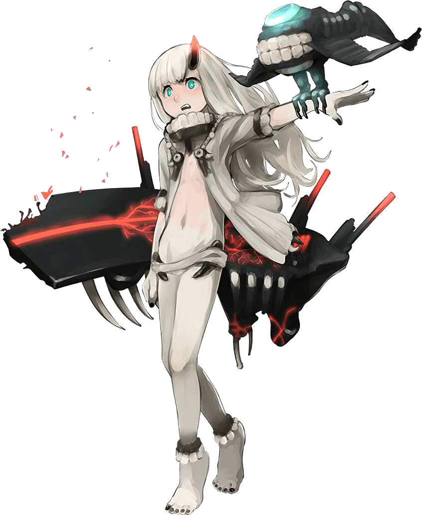 1girl, abyssal_patrolling_attack_hawk, aqua_eyes, barefoot, bird_on_arm, black_nails, blush, damaged, flat_chest, flight_deck, full-face_blush, full_body, german_escort_hime, glowing_lines, horn, jacket, kantai_collection, long_hair, nail_polish, official_art, oni_horn, open_clothes, open_jacket, open_mouth, outstretched_arm, shibafu_(glock23), shinkaisei-kan, solo, teeth, toenail_polish, turret, white_hair, white_jacket, white_skin